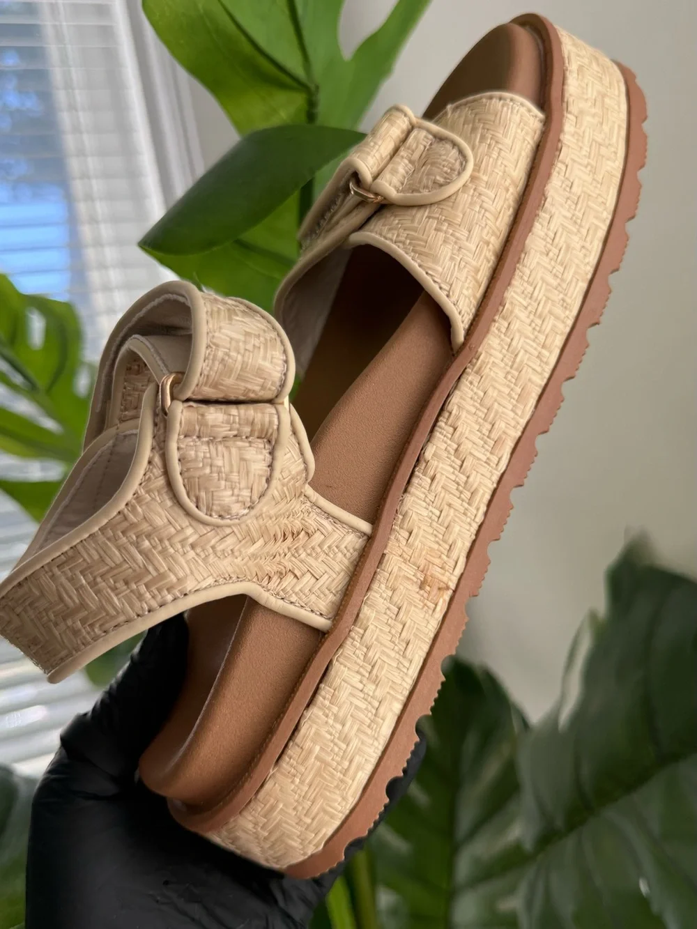 SO Loreen Women’s Platform Sandals Natural Raffia Wedge Double Strap Size 7.5M